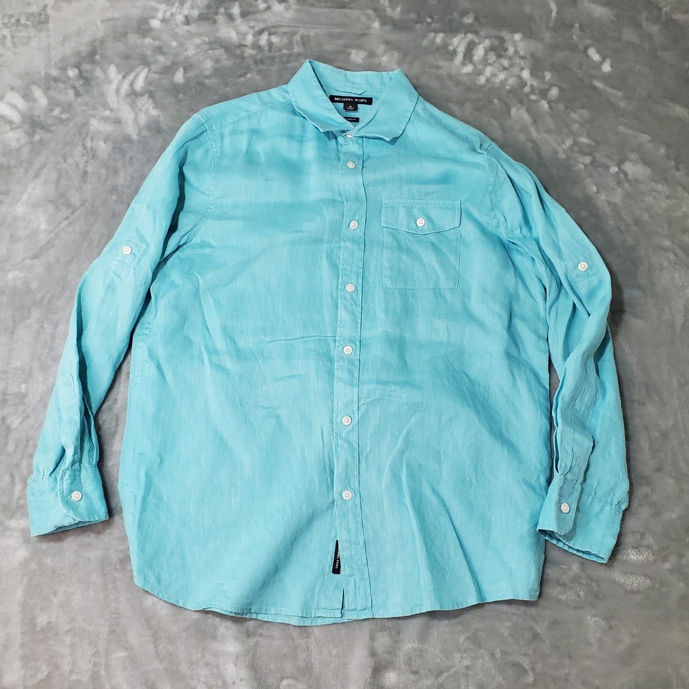 Michael Kors Mens Tailored Fit Linen Button Down Shirt Blue Size M Long Sleeve
